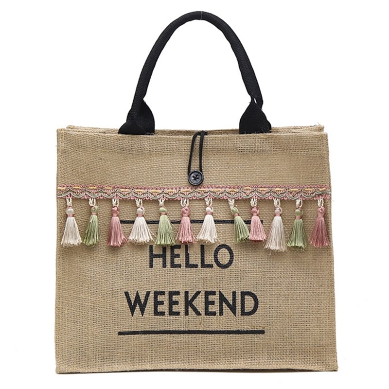 Linen Hello Weekend Tassel Tote Bag