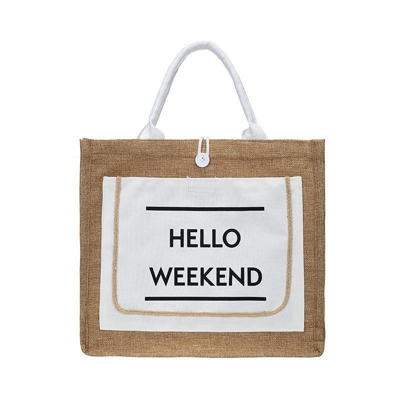 Linen Hello Weekend Tassel Tote Bag