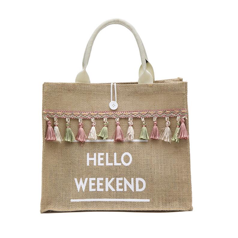 Linen Hello Weekend Tassel Tote Bag