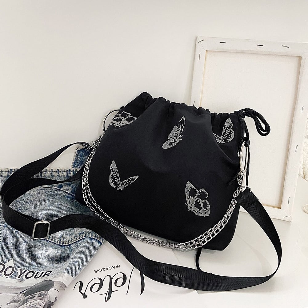 Luminous Butterfly Printed Drawstring Messenger Bag for Women