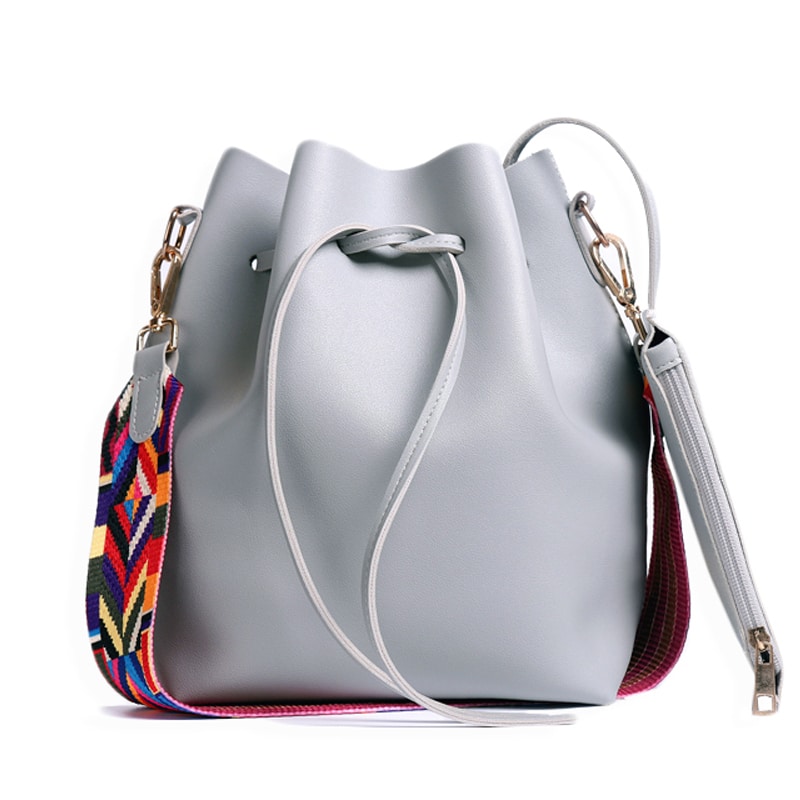 PU Leather Bucket Bag With Colorful Strap