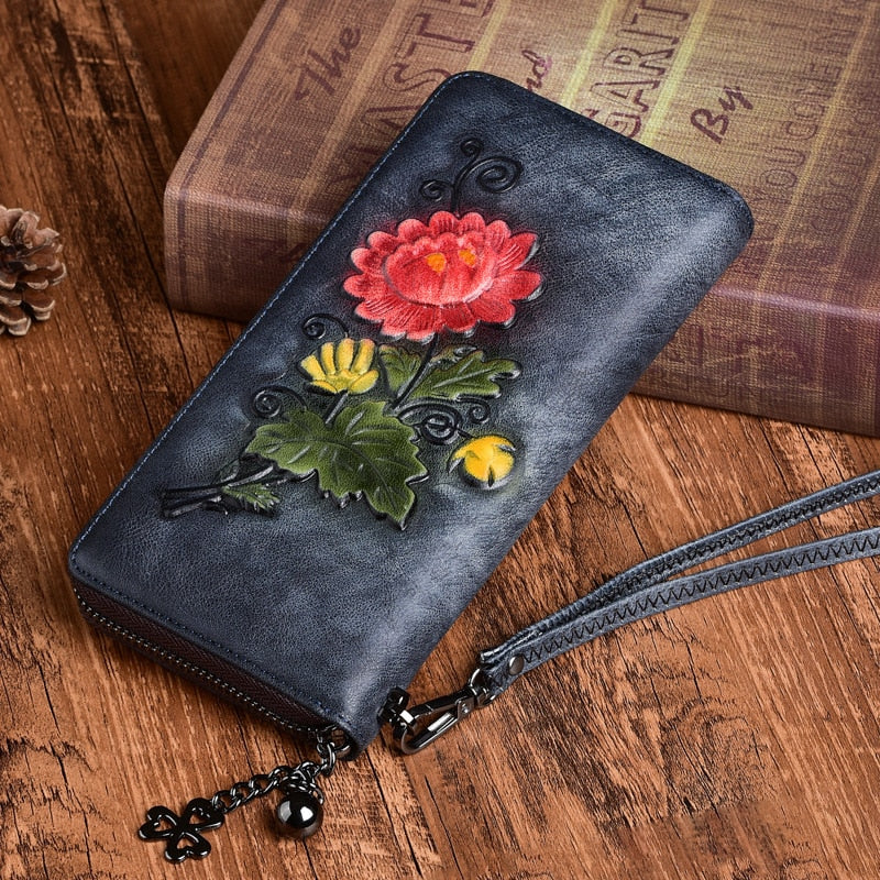 Floral Embroidered Leather Wallet