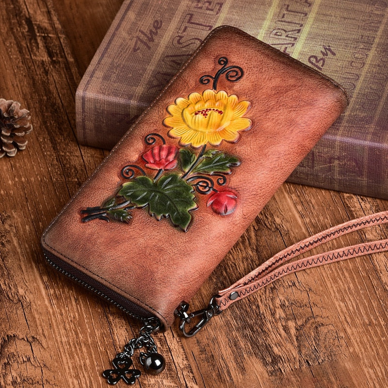 Floral Embroidered Leather Wallet