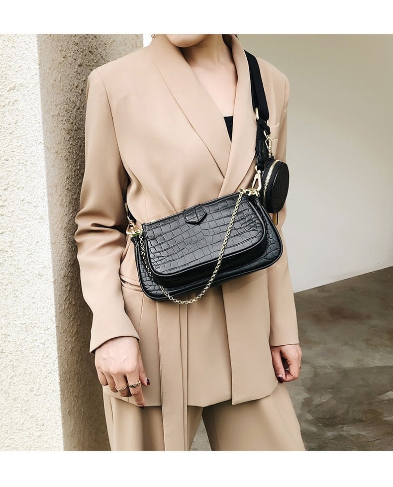 Crocodile Skin Embellished Shoulder Bag with Wallet