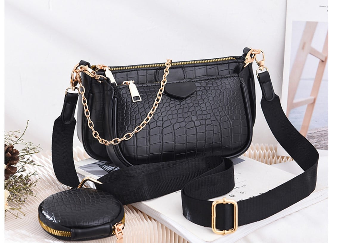 Crocodile Skin Embellished Shoulder Bag with Wallet