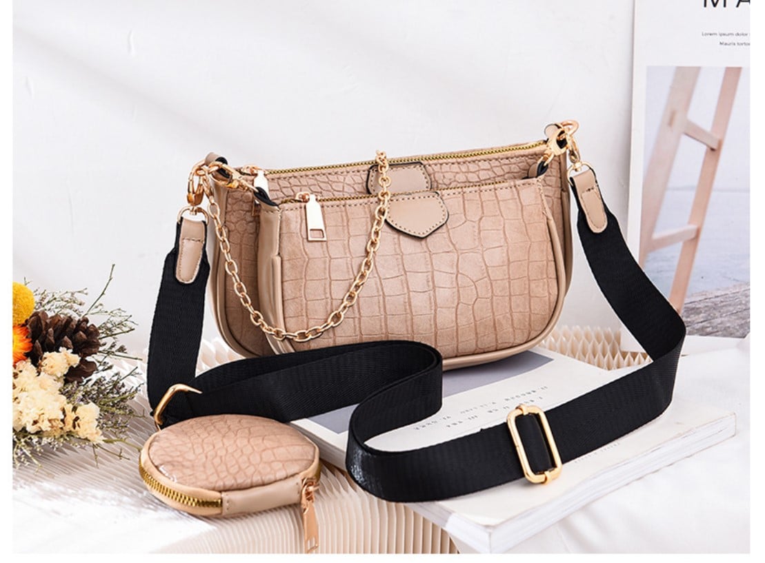 Crocodile Skin Embellished Shoulder Bag with Wallet