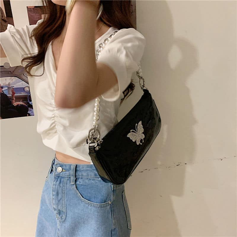 Vintage Butterfly Printed Chain Shoulder Bag for Women