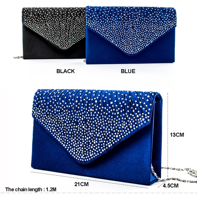 Fashion Satin Evening Bags for Women - Luxury Diamond and Chain Embellished Bag