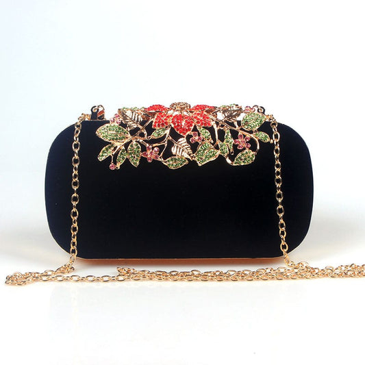 Floral Buckle Velour Evening Bag
