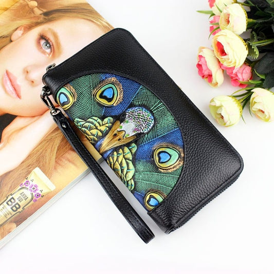 Fashionable Wallet Made of Genuine Leather with a Picture of a Peacock