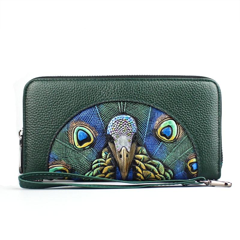 Fashionable Wallet Made of Genuine Leather with a Picture of a Peacock