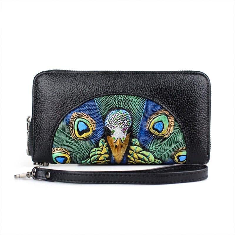 Fashionable Wallet Made of Genuine Leather with a Picture of a Peacock