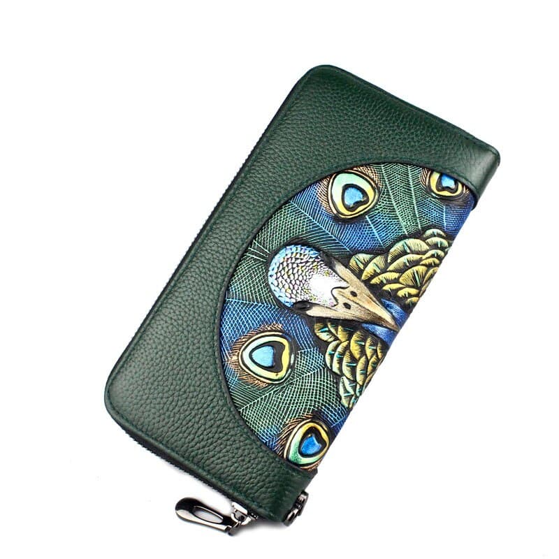 Fashionable Wallet Made of Genuine Leather with a Picture of a Peacock