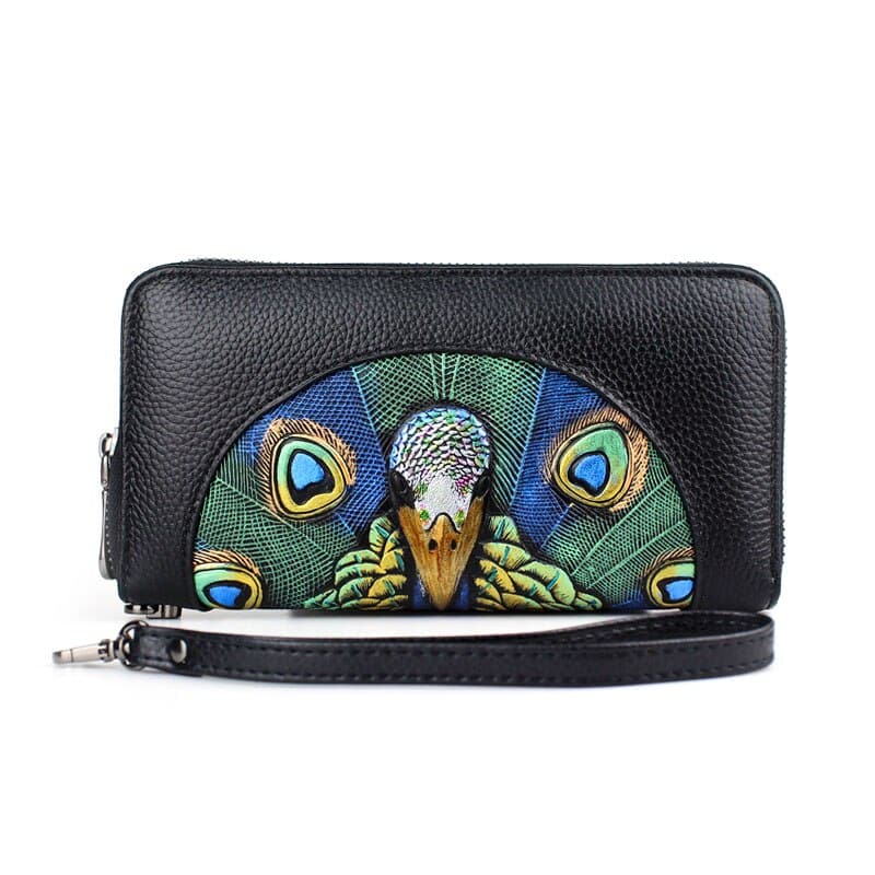 Fashionable Wallet Made of Genuine Leather with a Picture of a Peacock