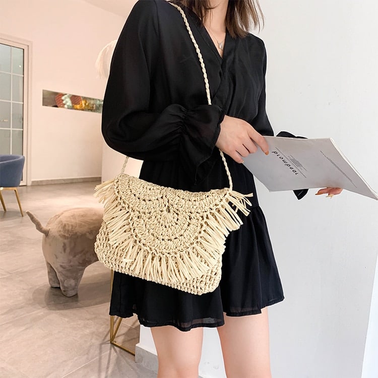 Handmade Straw Beach Bag with Tassels