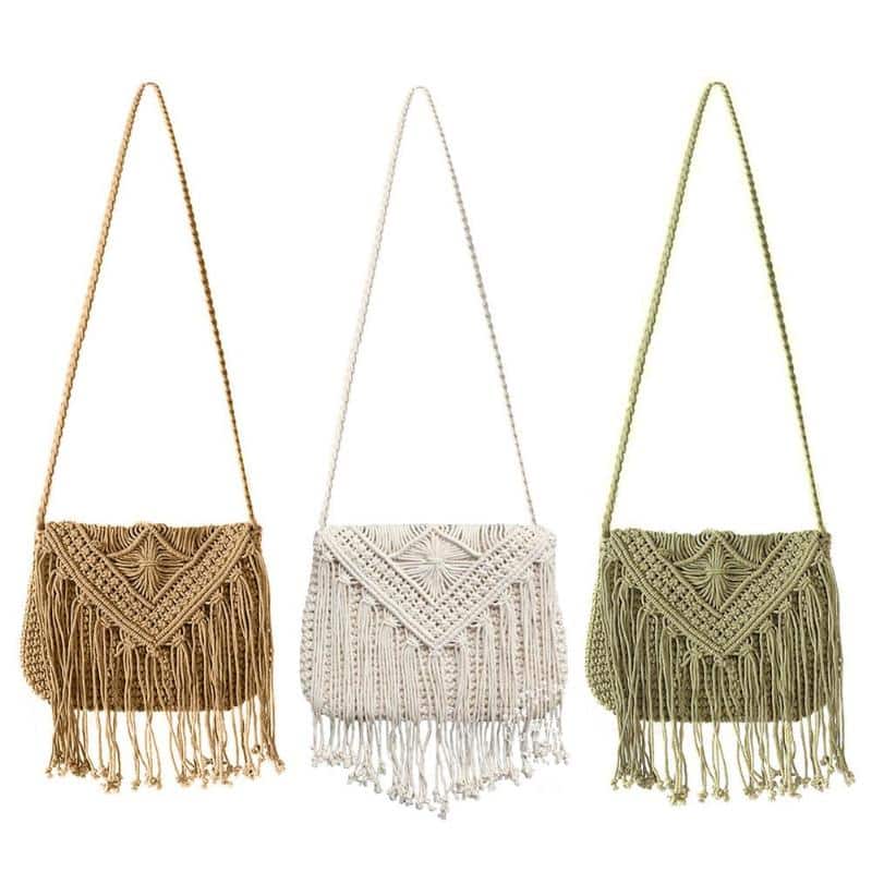 Fringe Datail Woven Rattan Handbag