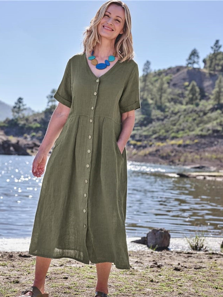V Neck Linen Button-Down Midi Dress with Pocket In Khaki Green