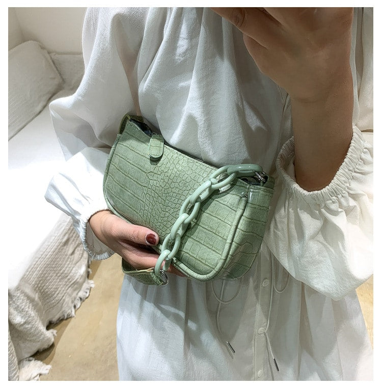 Crocodile Patterned Chain Mini Baguette Bag