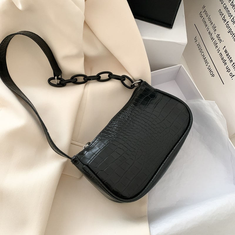 Crocodile Patterned Chain Mini Baguette Bag