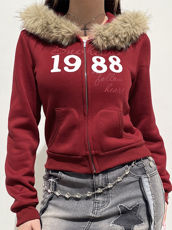 Red Vintage Digital Print Fur Oversized Hoodie