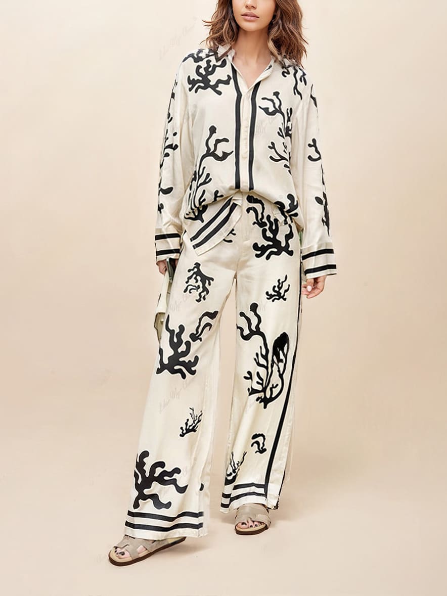 Hidden Button Closure Printed Pant Set