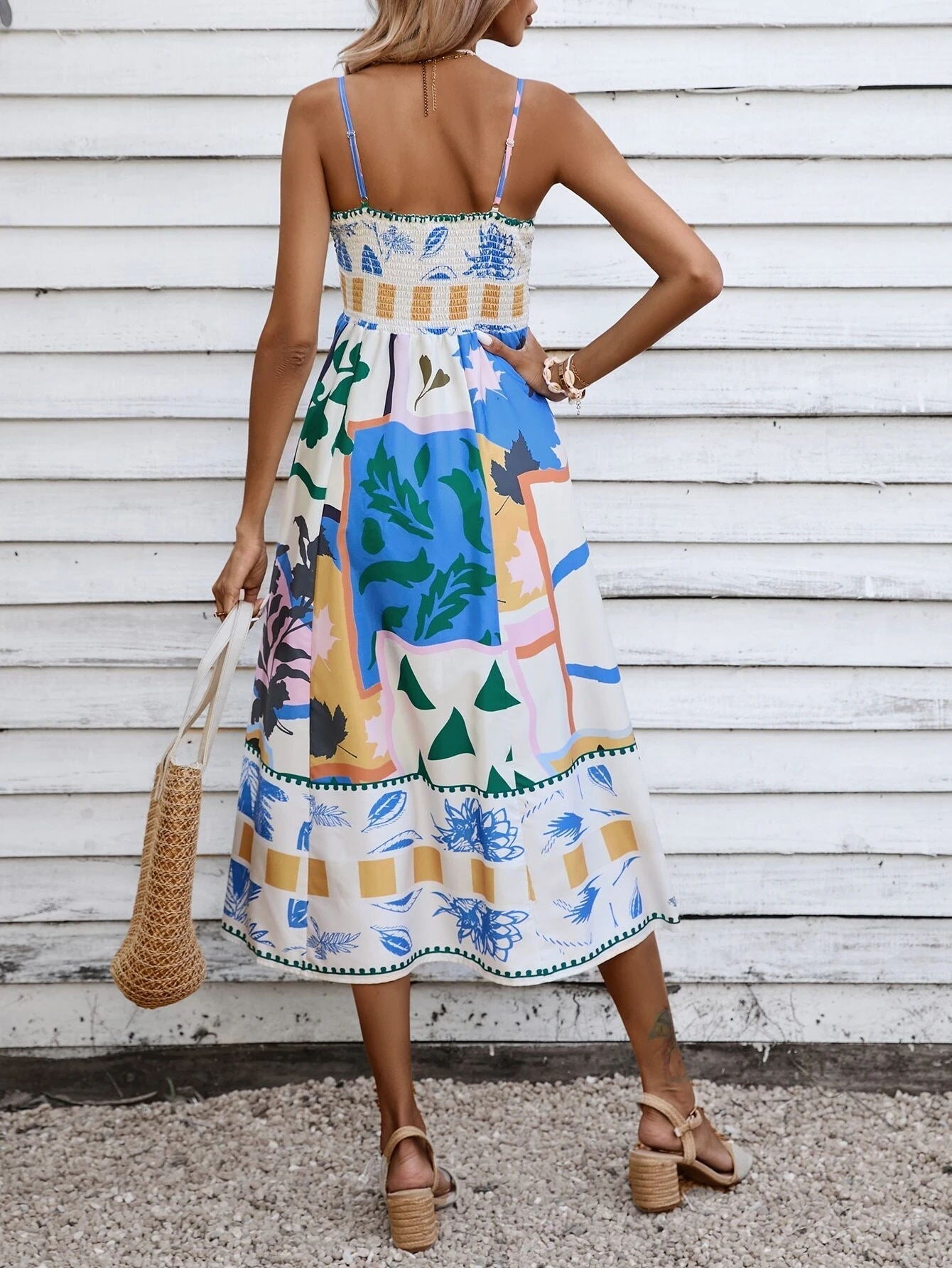 Patchwork Slip Midi Dress: Abstract Colorful Printed