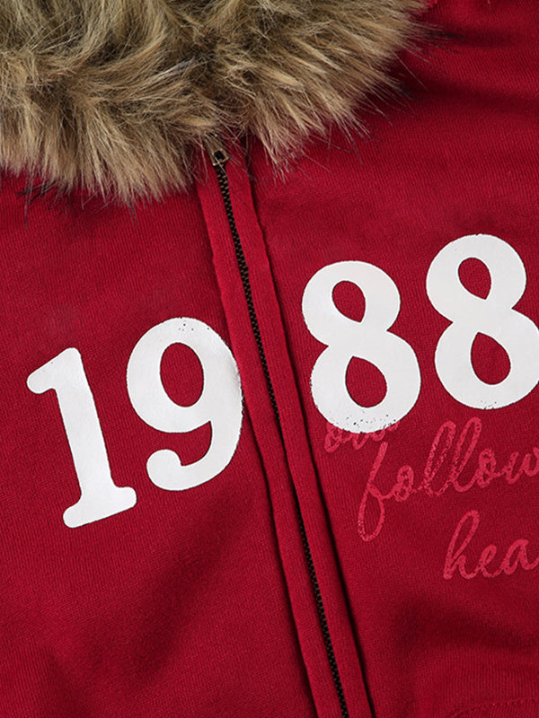 Red Vintage Digital Print Fur Oversized Hoodie