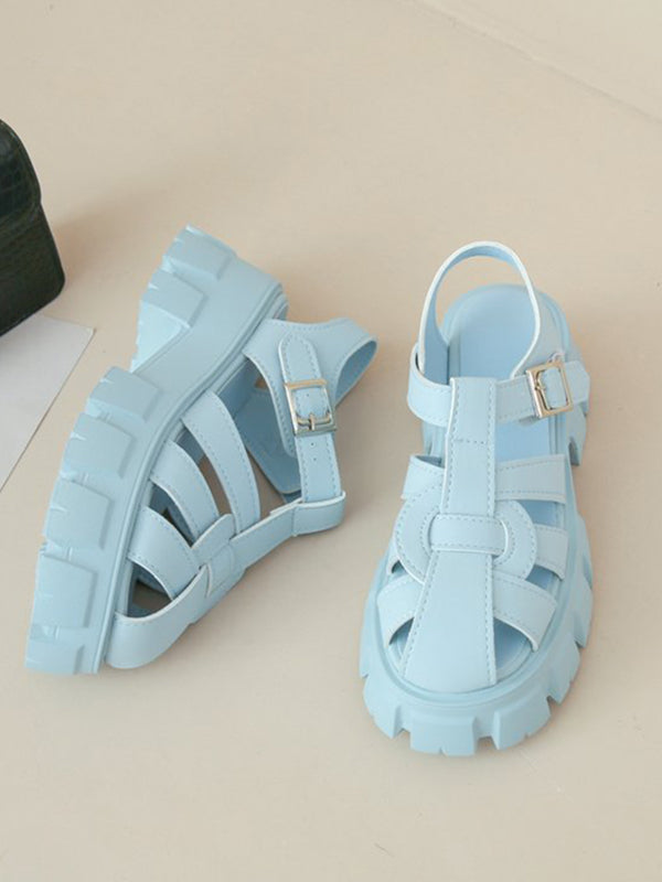 Belt Buckle Hollow Round-Toe Split-Joint Sandals Platform Shoes Gladiators
