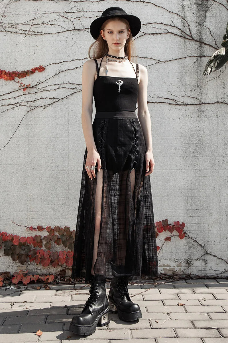 Women's Daily A Shape Mid-length Grid Mesh Forks Pantskirt Gothic Elastic Waist Casual Long Skirt