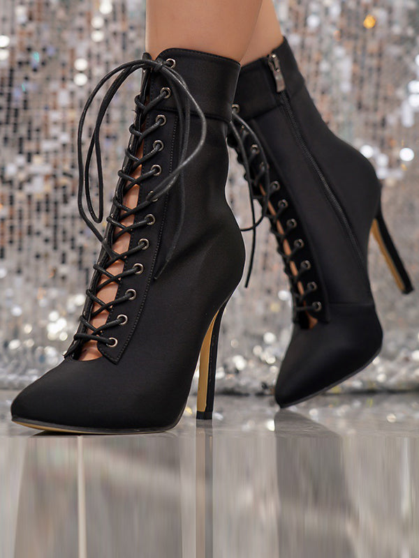 Hollow Pointed-Toe Solid Color Tied Zipper Stilettos Boots