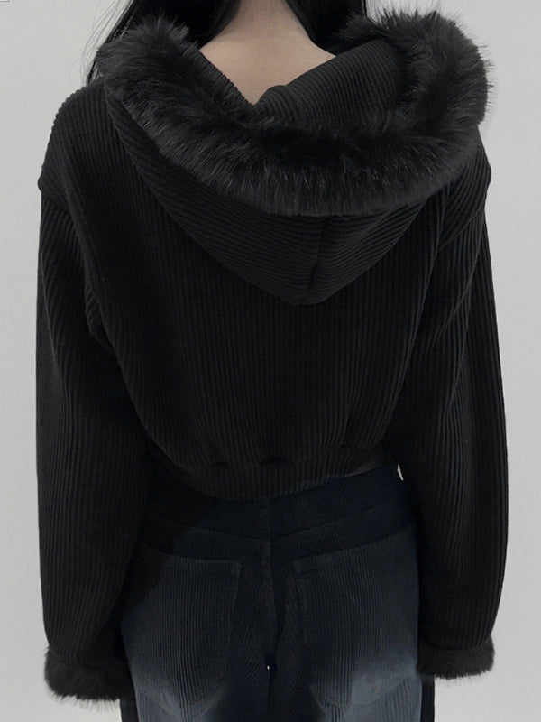 Y2k Black Versatile Solid Color Corduroy Plush Cardigan