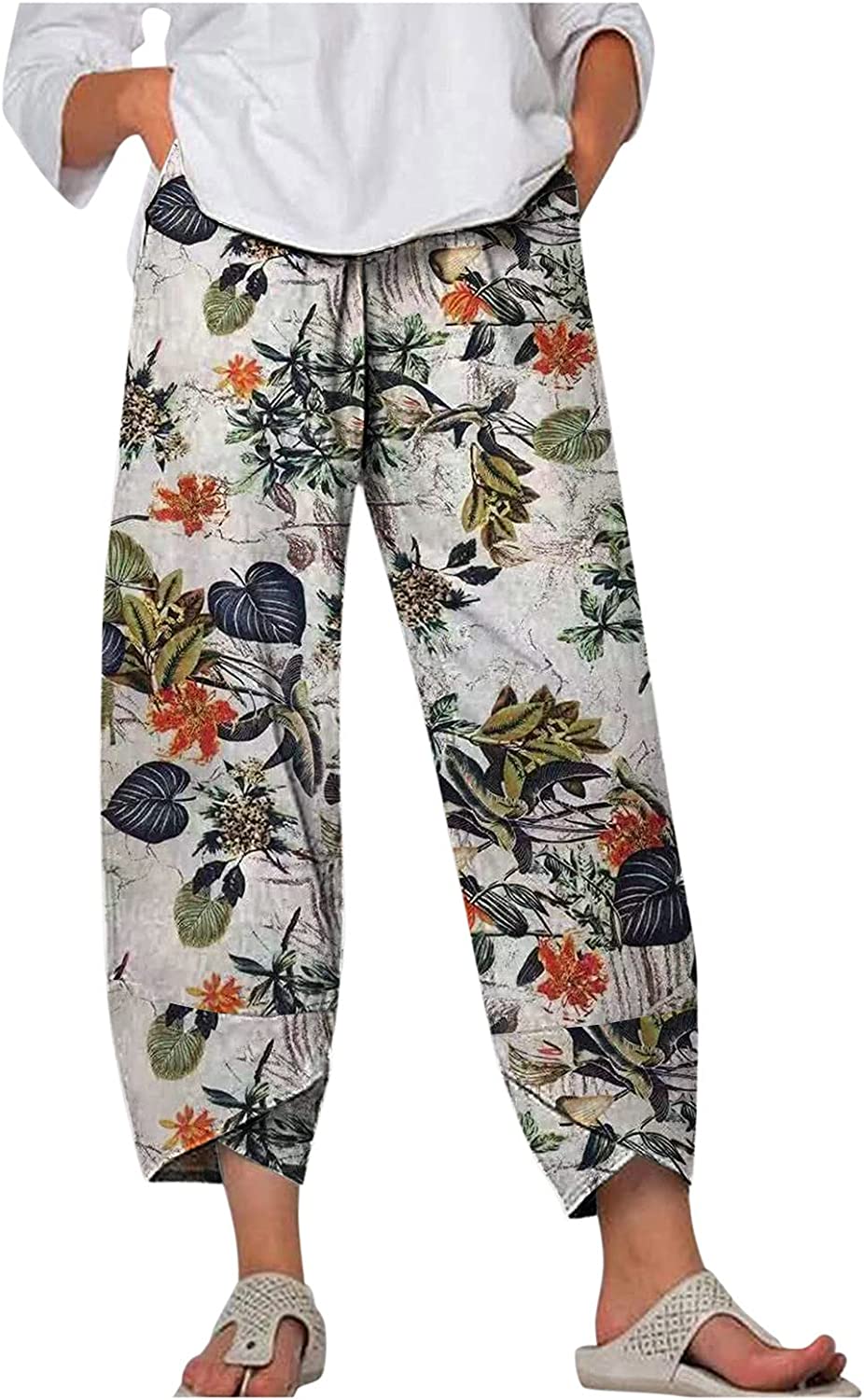 Capri Dandelion Pants for Summer Beach Elastic Waist Cropped Pants