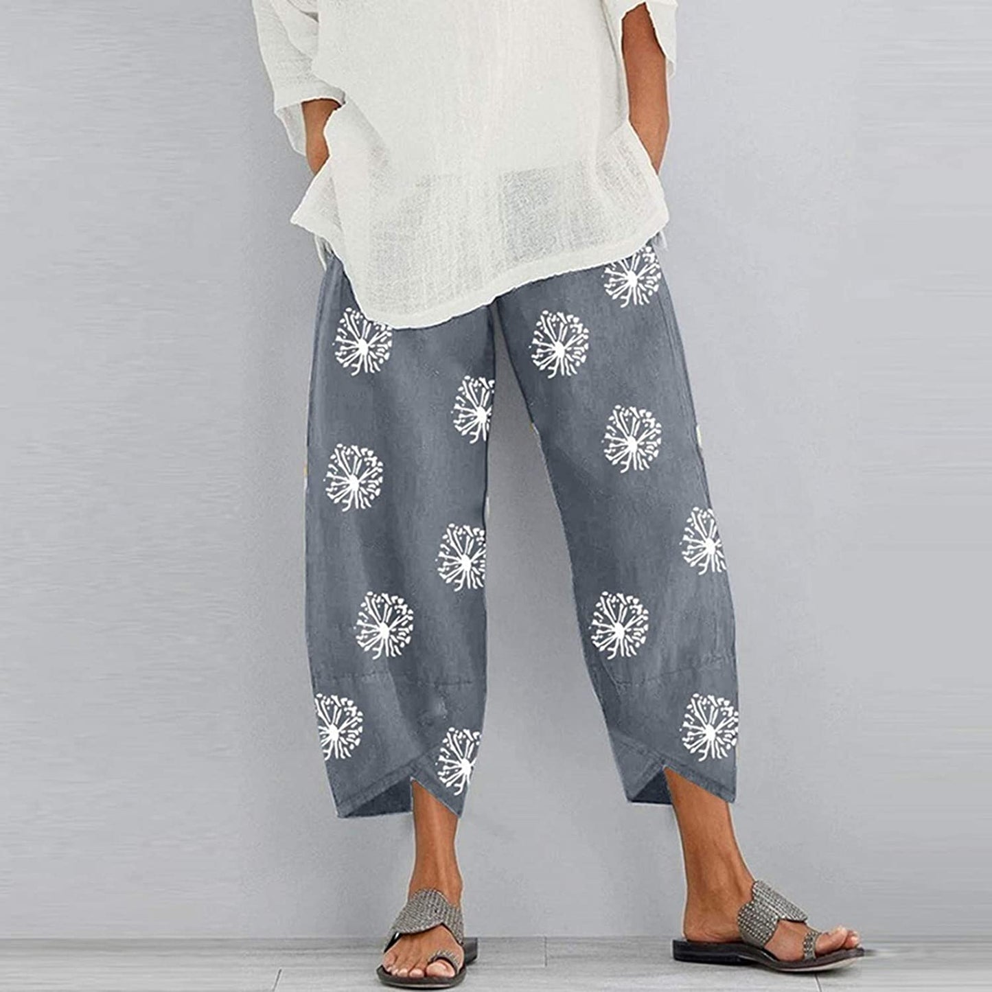 Capri Dandelion Pants for Summer Beach Elastic Waist Cropped Pants
