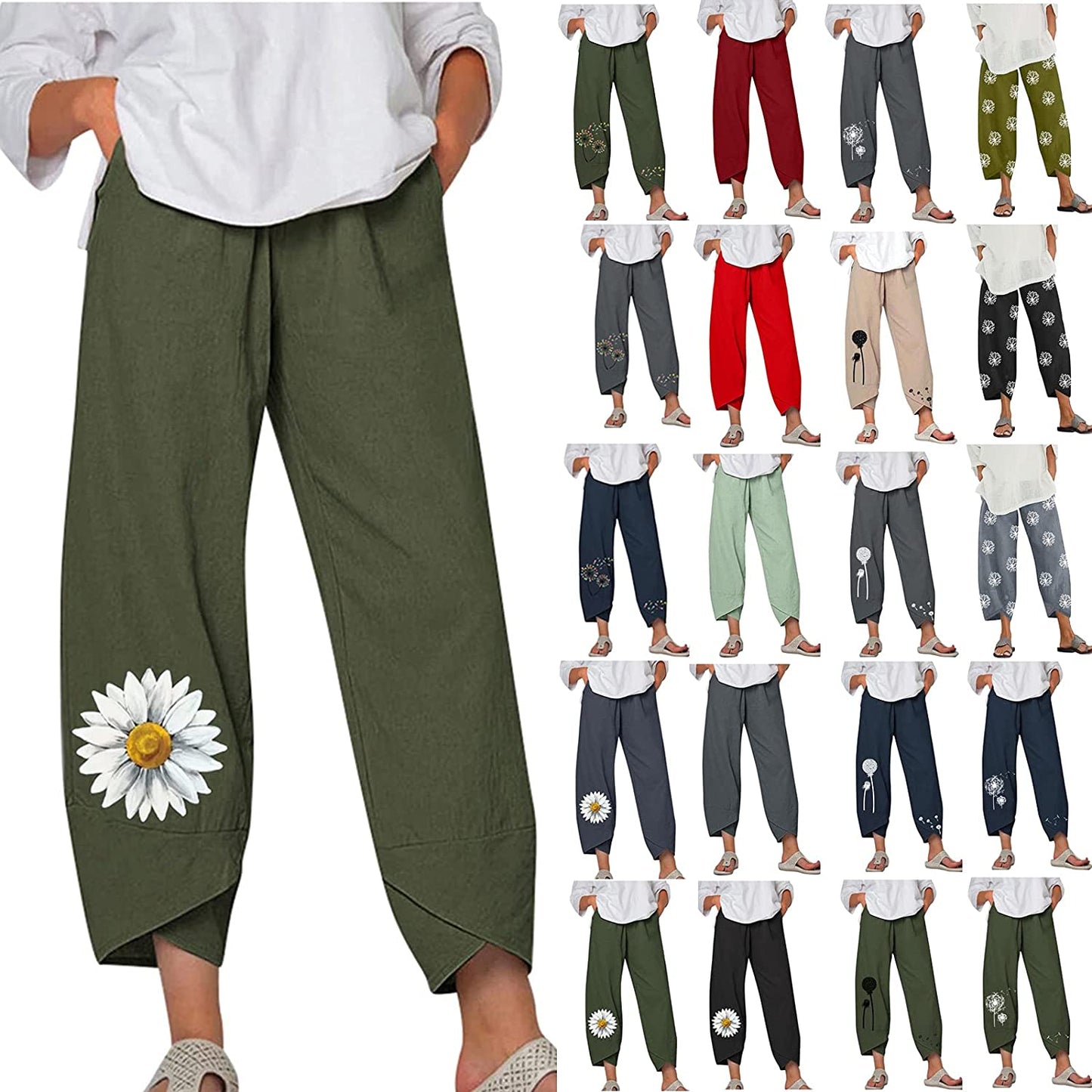 Capri Dandelion Pants for Summer Beach Elastic Waist Cropped Pants