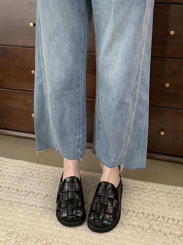 Hollow Round-Toe Split-Joint Woven Slippers&Mules Sandals