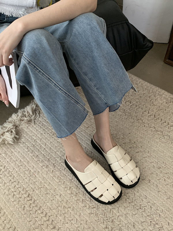 Hollow Round-Toe Split-Joint Woven Slippers&Mules Sandals