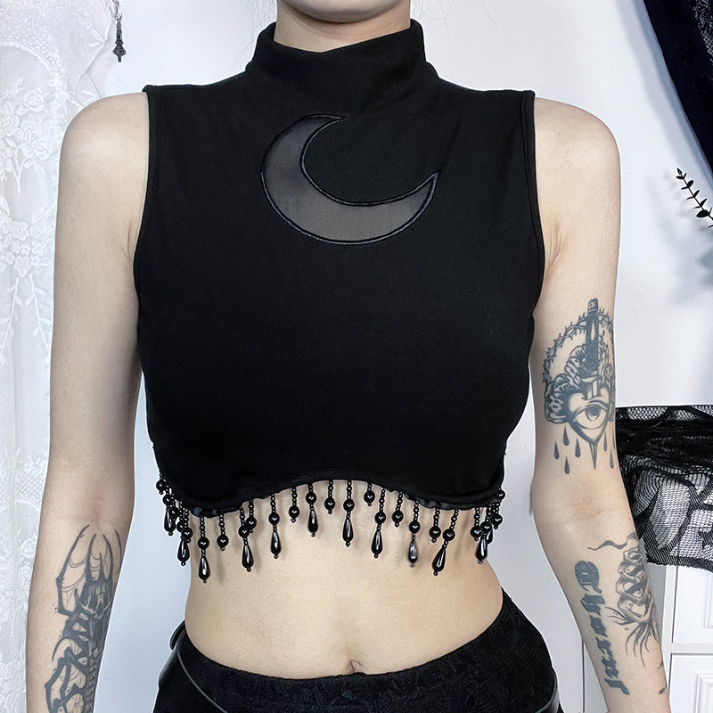 Vintage Goth Moon Lace See Through Sleeveless Crop Top