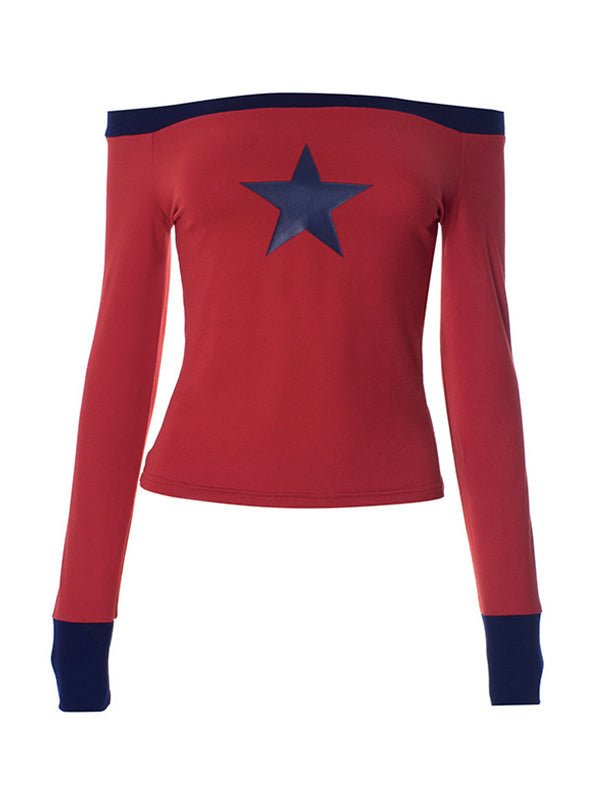 Red Y2k One Shoulder Star Long Sleeve Tee