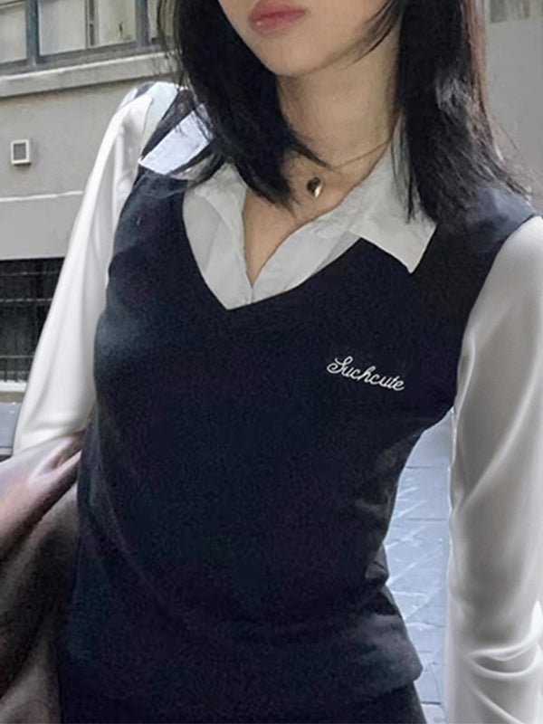 Contrast Color 90s Fake Two Piece Slim Fit Long Sleeves Shirts