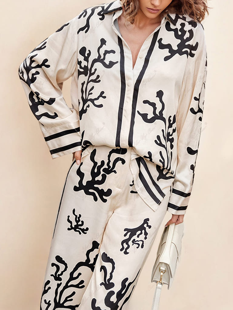 Hidden Button Closure Printed Pant Set