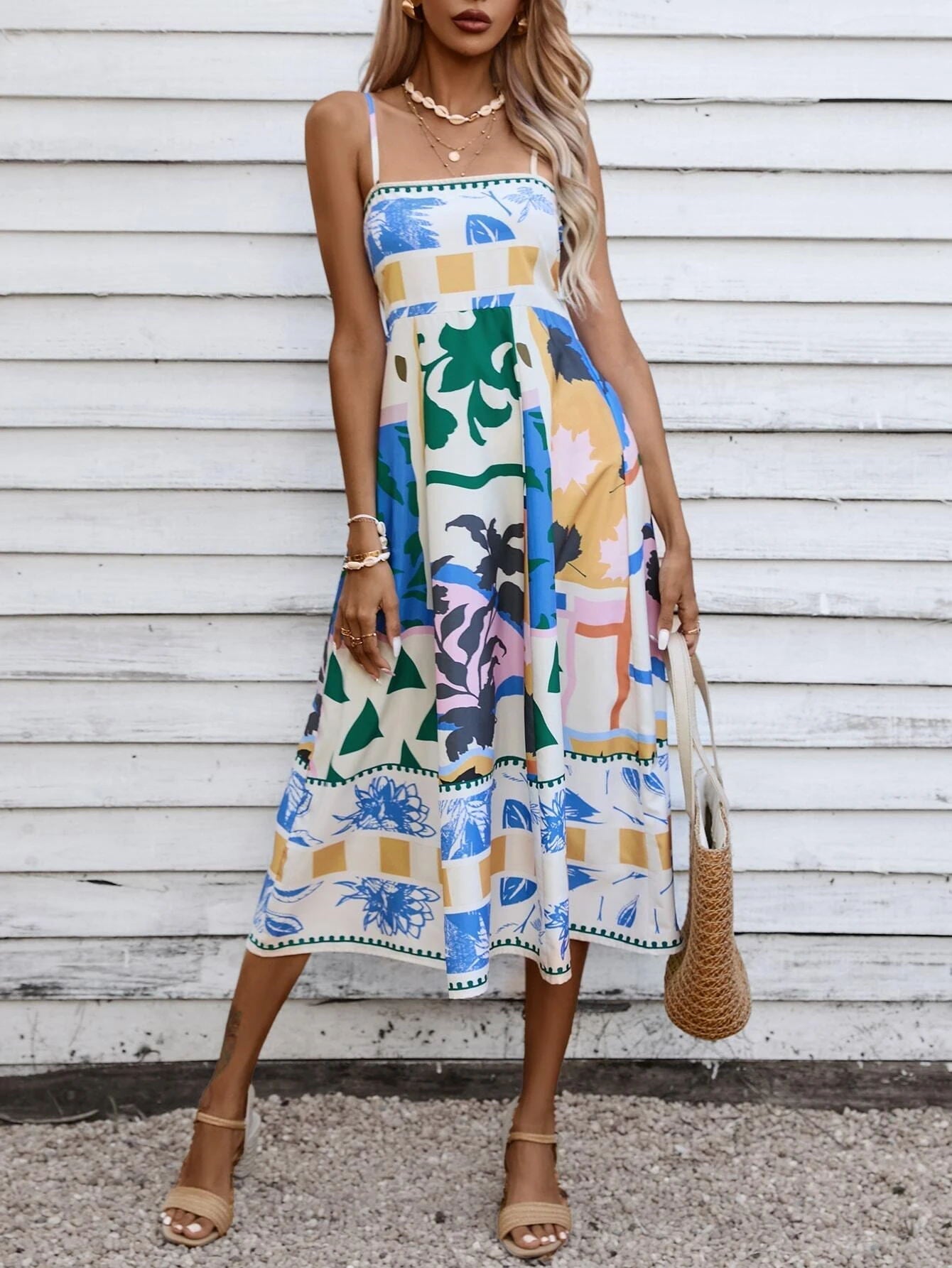 Patchwork Slip Midi Dress: Abstract Colorful Printed