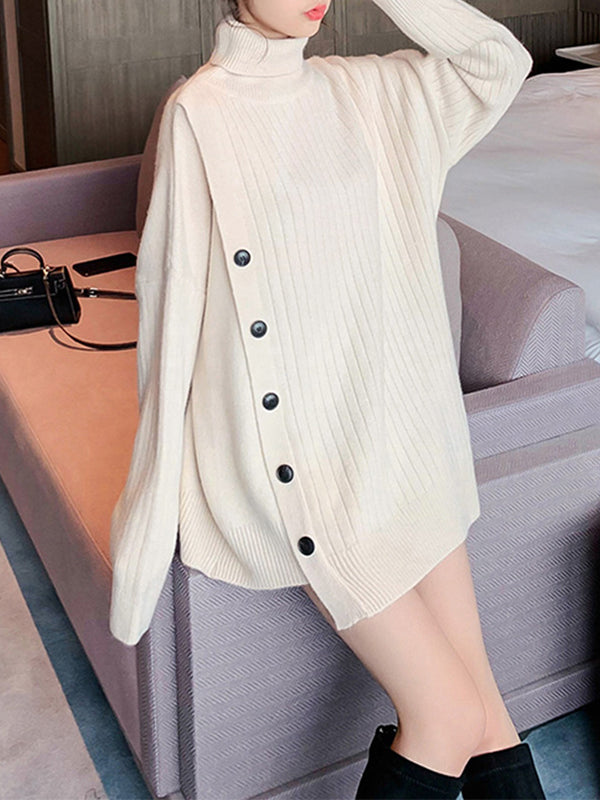 High-Low Long Sleeves Asymmetric Buttoned High-Neck Knitwear Pullovers Sweater Tops