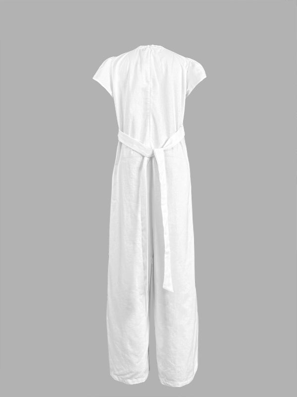 Loose Ruffle Sleeves Fringed Pleated Pockets Solid Color V-Neck Jumpsuits