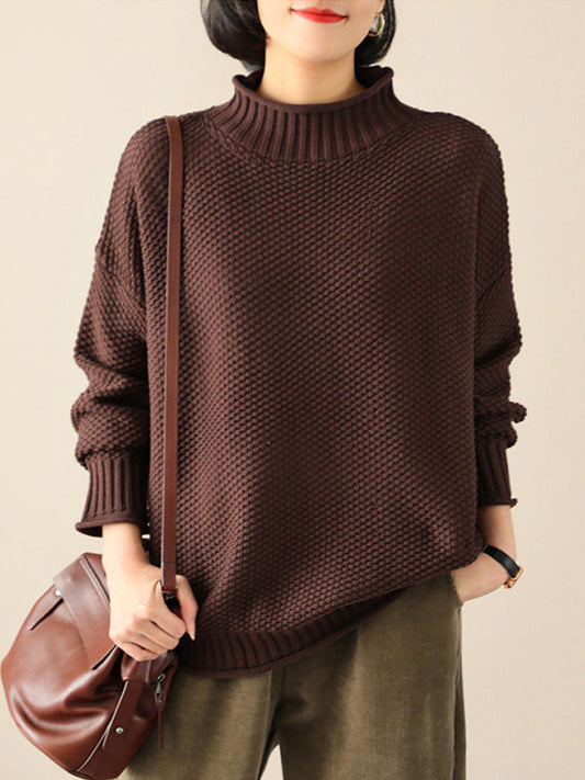 Casual Loose Long Sleeves Solid Color High-Neck Sweater Tops