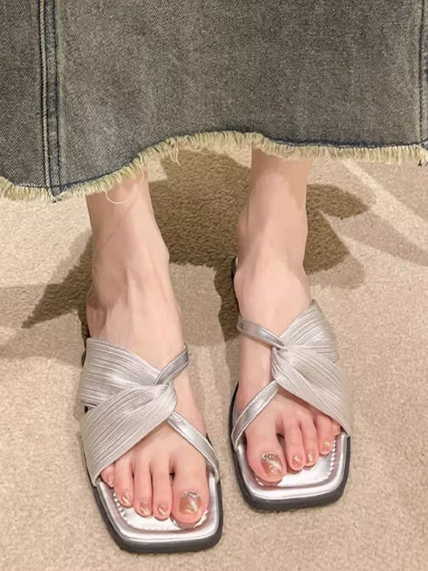 Pleated Split-Joint Square-Toe Slippers Sandals