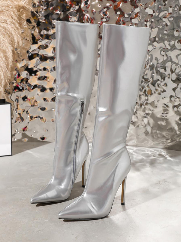 Pointed-Toe Solid Color Zipper Stilettos Pumps Boots