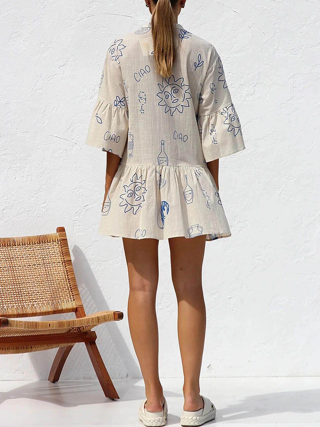 Ethnic Style Loose Shirt Short Dress-Blue