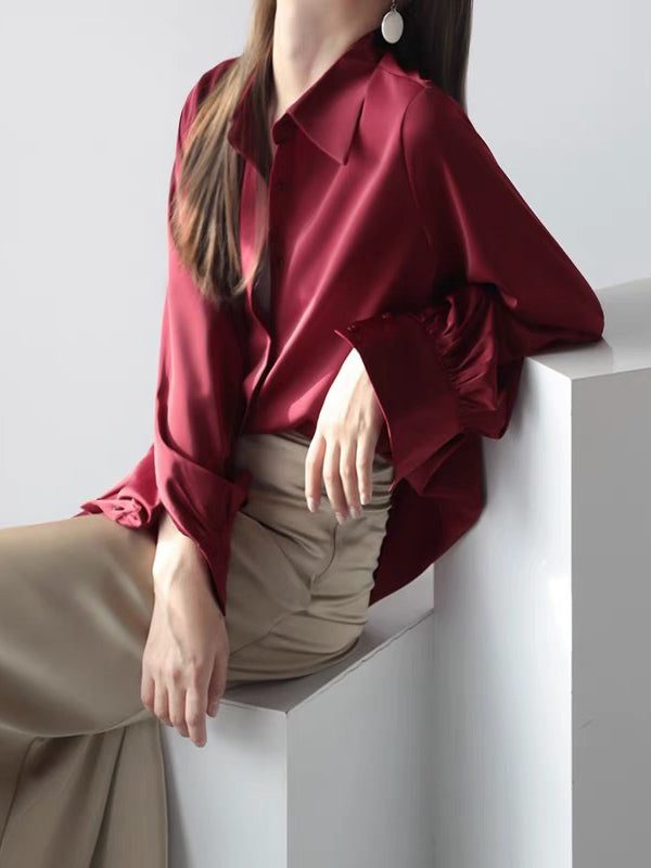 Casual Long Sleeves Loose Solid Color Lapel Collar Blouses&Shirts Tops