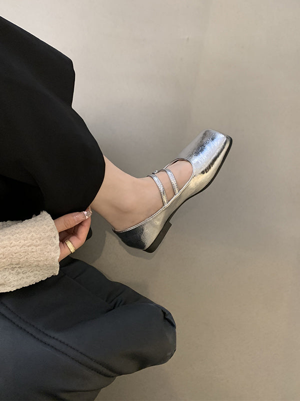 Belt Buckle Shallow Cut Split-Joint Square-Toe Mary Janes Flats