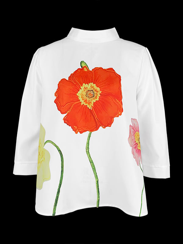 High-low Loose Flower Print Split-Joint Stand Collar T-Shirts Tops